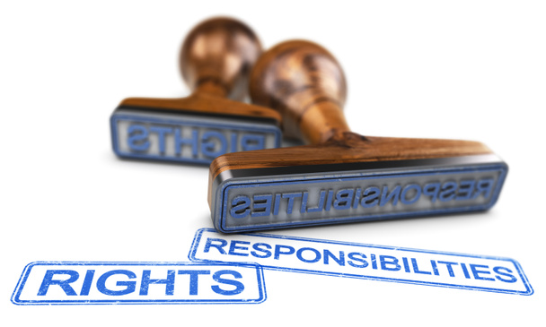 Dos sellos de goma con las palabras derechos y responsabilidades sobre fondo blanco. Ilustración 3D. - Foto, Imagen