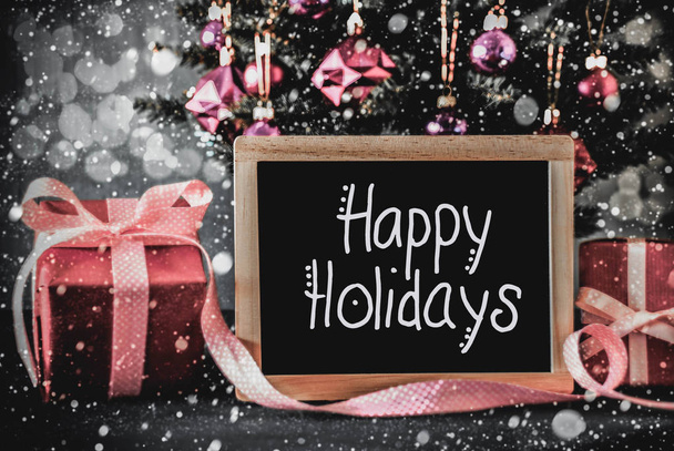 Tree, Purple Presents, Calligraphy Happy Holidays, Snowflakes - Фото, изображение