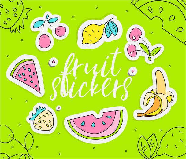 Cute Girl teenager colored fruit summer icon sticker, fashion cute teen and princess line icons. Magic objects - strawberry, cherry, banana, watermelon, lemon hand draw teens icon round form on lime - ベクター画像
