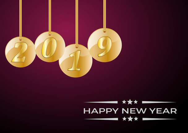 2019 ευτυχισμένο το νέο έτος γιορτάσει κάρτα με ευχές, vector κείμενο Χρυσά κρεμαστά - Διάνυσμα, εικόνα