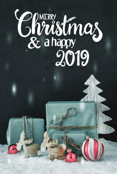 Vertical Decoration, Calligraphy Merry Christmas And A Happy 2019 - Фото, изображение