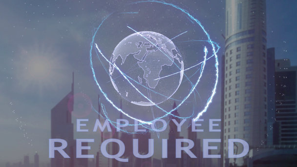 Employee Required text with 3d hologram of the planet Earth against the backdrop of the modern metropolis - Footage, Video
