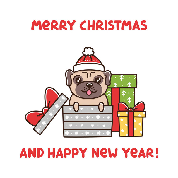 Mignon chien race carlin comme un cadeau dans la boîte de Noël. Il peut être utilisé pour autocollant, patch, étui de téléphone, affiche, t-shirt, tasse et autre conception
. - Vecteur, image