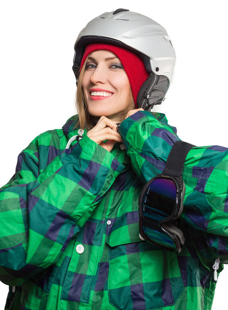 Active young ski woman portrait wearing winter clothing isolated over white - Zdjęcie, obraz