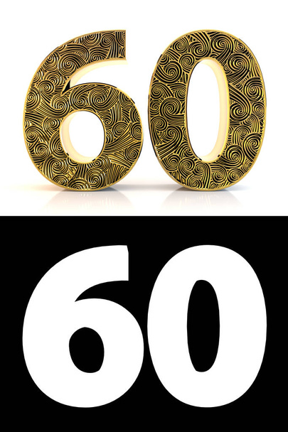 Golden number sixty (60 years) on white background with pattern style Zentangle, drop shadow and alpha channel. 3D illustration. - Photo, Image