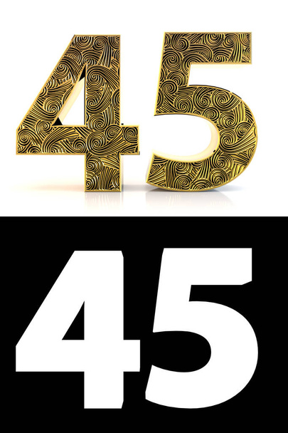 Golden number forty-five (45 years) on white background with pattern style Zentangle, drop shadow and alpha channel. 3D illustration. - Photo, Image