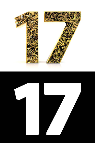 Número dourado dezessete (17 anos) em fundo branco com padrão de estilo Zentangle, sombra de gota e canal alfa. Ilustração 3D
. - Foto, Imagem
