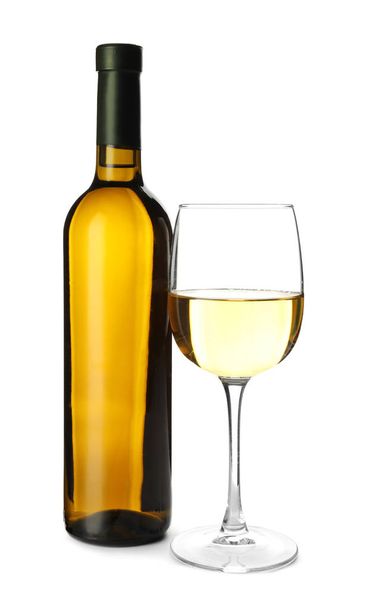 Glass and bottle of tasty wine on white background - Valokuva, kuva