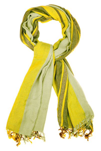 Gele zijde sjaal geïsoleerd op witte achtergrond. Vrouwelijke accessoire. - Foto, afbeelding