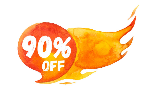 Hot sale up 90% lettering on hot burning speech bubble, watercolor sale-out sign isolated on white - Foto, Imagem