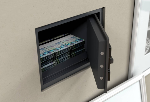 Открытый скрытый стенной сейф со стопками банкнот ОАЭ, обнаруженных за висящей рамкой картины на стене в доме - 3D рендеринг
 - Фото, изображение