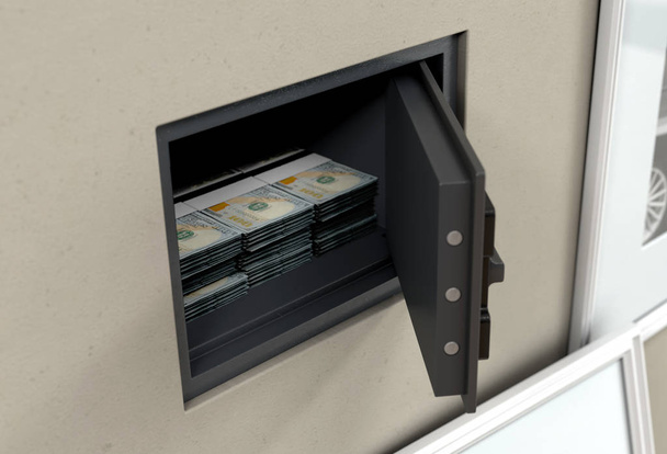 Открытый скрытый стеновый сейф со стопками купюр за долларом, обнаруженный за висящей рамкой картины на стене в доме - 3D рендеринг
 - Фото, изображение