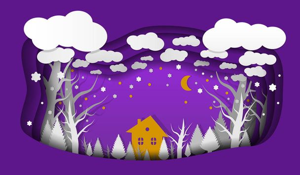 Marry Christmas and Happy New Year paper layered art paper card. Fairy tale night village. Violet style Xmas concept. Vector illustration - Vector, Image
