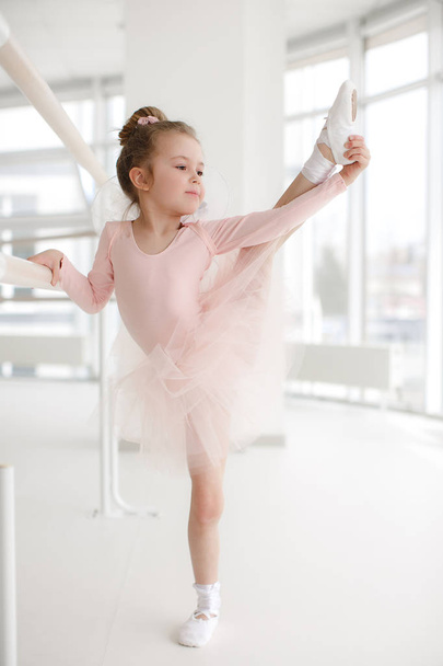 Little cute girl in class in ballet studio.Little ballerina girl in a pink tutu. Adorable child dancing classical ballet in a white studio. Children dance. Kids performing. Young gifted dancer in a class. Preschool kid taking art lessons - Foto, Imagem