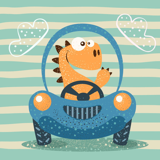 Cute dino drive funny car. - Vector, Imagen
