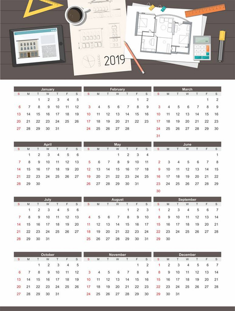Munkahelyi. Üzleti, építési projekt építész ház terv naptár 2019. Felülnézet. Vektoros illusztráció - Vektor, kép