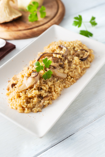 Plat de délicieux risotto aux champignons crémeux
 - Photo, image