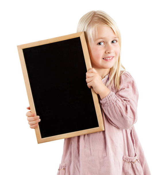 young girl holding blank board isolated on white - Фото, изображение