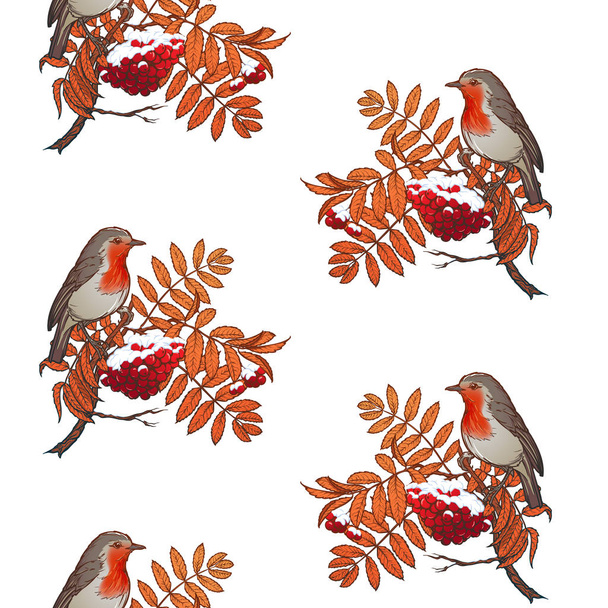 クリスマスのシームレスなパターン。ロビンの鳥が雪の上に座ってカバー rowanberry ブランチ - ベクター画像