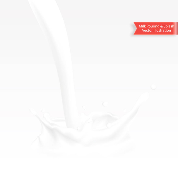 Abstract realistic milk pouring with splash isolated on white background. Vector illustration - Vector, Image