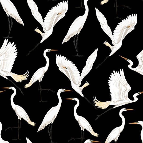 Seamless pattern, background with tropical birds. White heron, cockatoo parrot. Colored and outline design on navy blue background.. Vector illustration. Isolated on black background - Διάνυσμα, εικόνα