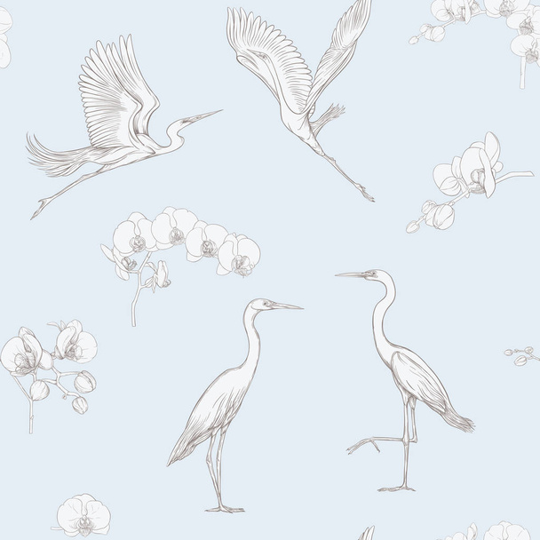 Seamless pattern, background with tropical birds. White heron,cockatoo parrot. Vector illustration. Graphic drawing, engraving style. vector illustration. In vintage blue and beige colors - Wektor, obraz