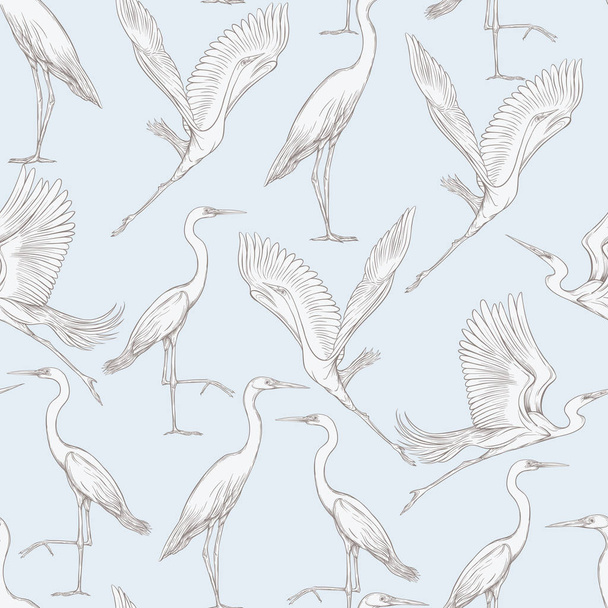 Seamless pattern, background with tropical birds. White heron,cockatoo parrot. Vector illustration. Graphic drawing, engraving style. vector illustration. In vintage blue and beige colors - Vektör, Görsel