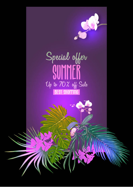 Sjabloon voor wenskaart, uitnodiging of banner met tropische planten, palm bladeren, monstera en orchideeën met kaketoe papegaai. Gekleurde vectorillustratie. in neon, fluorescerende kleur - Vector, afbeelding