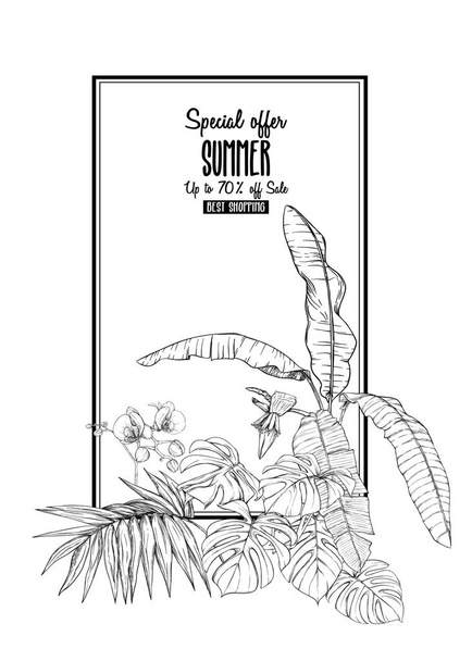 Шаблон для поздравительной открытки, приглашения или баннера с тропическими растениями, пальмовыми листьями, монстрами и орхидеями. Цветная векторная иллюстрация. Графический рисунок, стиль гравировки. векторная иллюстрация
 - Вектор,изображение