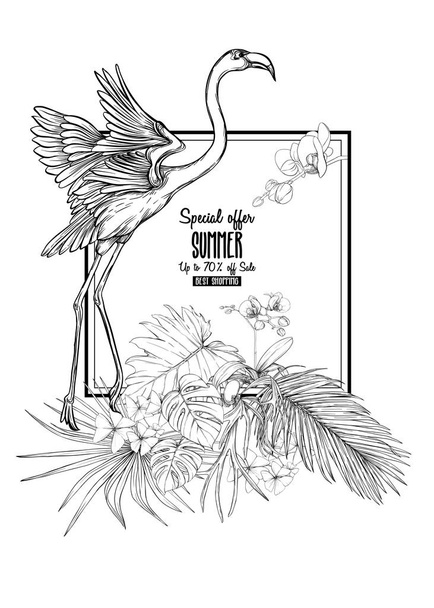 Template for greeting card, invitation or banner  with tropical plants, palm leaves, monstera and orchids with flamingo. Graphic drawing, engraving style. vector illustration - Vetor, Imagem