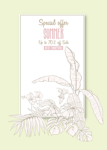 Шаблон для поздравительной открытки, приглашения или баннера с тропическими растениями, пальмовыми листьями, монстрами и орхидеями. Ручная векторная иллюстрация
 - Вектор,изображение