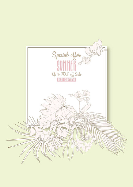 Шаблон для поздравительной открытки, приглашения или баннера с тропическими растениями, пальмовыми листьями, монстрами и орхидеями. Ручная векторная иллюстрация
 - Вектор,изображение