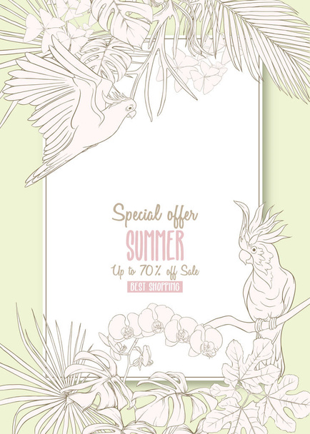 Шаблон для поздравительной открытки, приглашения или баннера с тропическими растениями, пальмовыми листьями, монстрами и орхидеями с попугаем какаду. Ручная векторная иллюстрация
 - Вектор,изображение