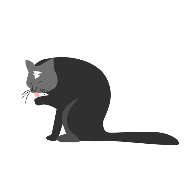 drôle main dessiné noir chat est lécher sa patte. Illustration vectorielle d'un personnage de dessin animé
. - Vecteur, image