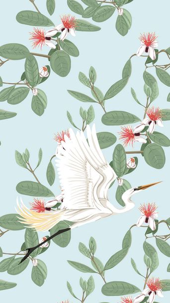 Pattern, background with with feijoa flowers with herons . Vector illustration.  On soft blue background.  - Vecteur, image