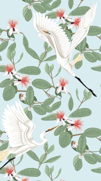 Pattern, background with with feijoa flowers with herons . Vector illustration.  On soft blue background.  - Vektori, kuva