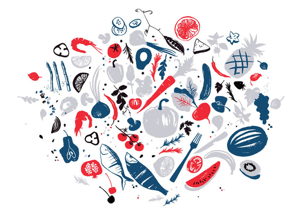 Sada objektů potravin: plody moře, zelenina a ovoce. Zdravě jíst. Farmářský trh - Fotografie, Obrázek
