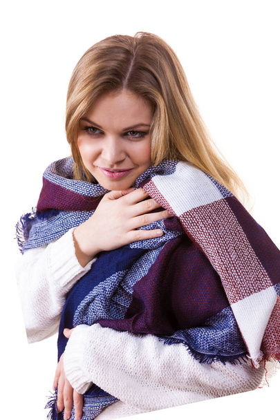 Woman feeling comfortable wearing her soft colorful warm autumnal shawl scarf. Autumn outfit accessories concept. - Valokuva, kuva