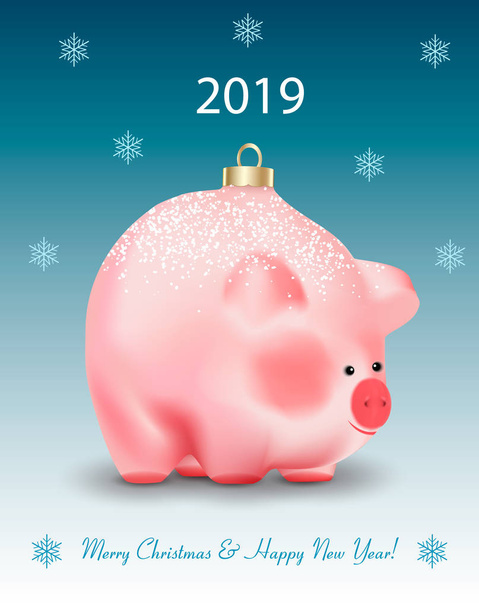 Tarjeta de vacaciones de invierno con saludos. Navidad Bauble ot juguete un cerdo lindo un símbolo de año nuevo chino sobre fondo azul con showflakes y nieve. Ilustración vectorial realista
. - Vector, imagen