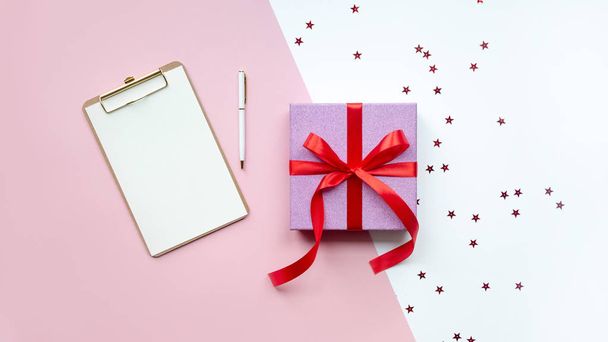Pink gift box.Flat lay with copy space. - Photo, Image
