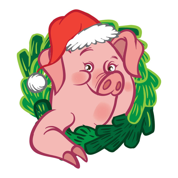 Piggy kreskówka wektor zabawny w Boże Narodzenie wieniec życzy szczęśliwego nowego roku, na białym tle. Symbol 2019.Vector ilustracji - Wektor, obraz