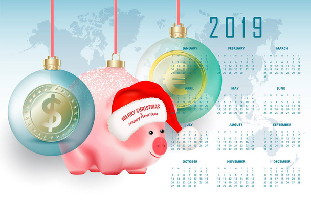 2019 έτος επαγγελματικό ημερολόγιο με ανατολική κινέζικο σύμβολο χοίρου και παγκόσμια νομίσματα σε φυσαλίδες στις κόκκινες κορδέλες στον κόσμο φόντο του χάρτη. Αϊ Βασίλη καπέλο με ευχές για καλά Χριστούγεννα και Ευτυχισμένο το νέο έτος. - Διάνυσμα, εικόνα