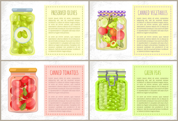 Tomatoes Olives Peas Vegetable Conservation Set - Vector, Image