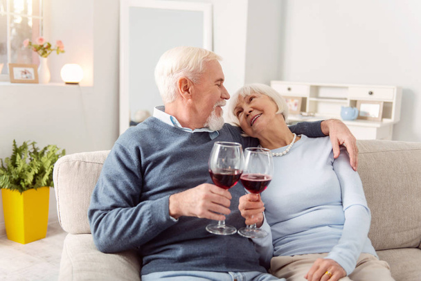 Mature couple drinking red wine at home - Φωτογραφία, εικόνα