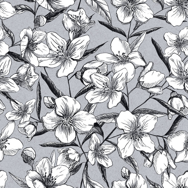 Seamless pattern of Jasmine flowers on black background. Hand pencil drawing. Design for textiles - 写真・画像