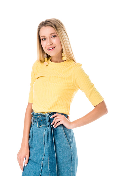 attractive woman posing in yellow shirt and looking at camera isolated on white - Φωτογραφία, εικόνα