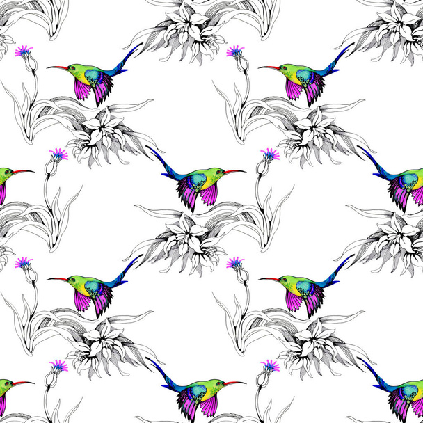 Aquarell-Illustration mit Kolibris im blühenden Garten - Foto, Bild