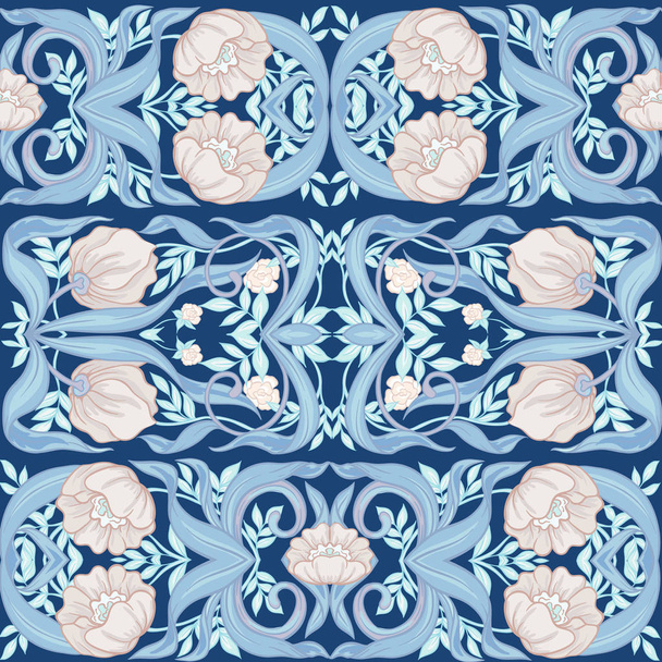  Seamless pattern, background with Floral pattern in art nouveau style, vintage, old, retro style. Colored vector illustration. In soft blue colors - Vector, imagen