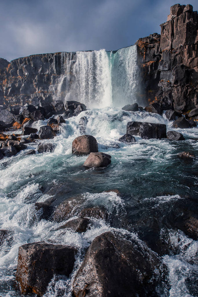 majestic waterfall  Oxararfoss in Thingvellir National Park Iceland in autumn in sunny weather - Zdjęcie, obraz