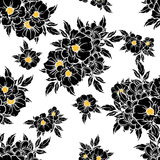 Seamless vintage style flower pattern. Floral elements in black and white. - ベクター画像